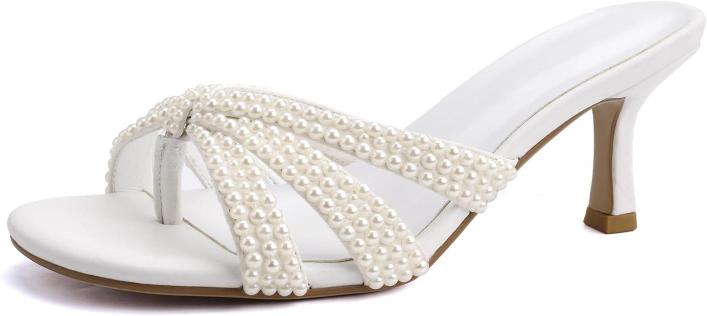 Peep Toe Kitten Heels For Women Slippers Heeled Sandals Flip Flops Summer Low Heels Mules For Women Dressy Prom-White Pearls-9.5