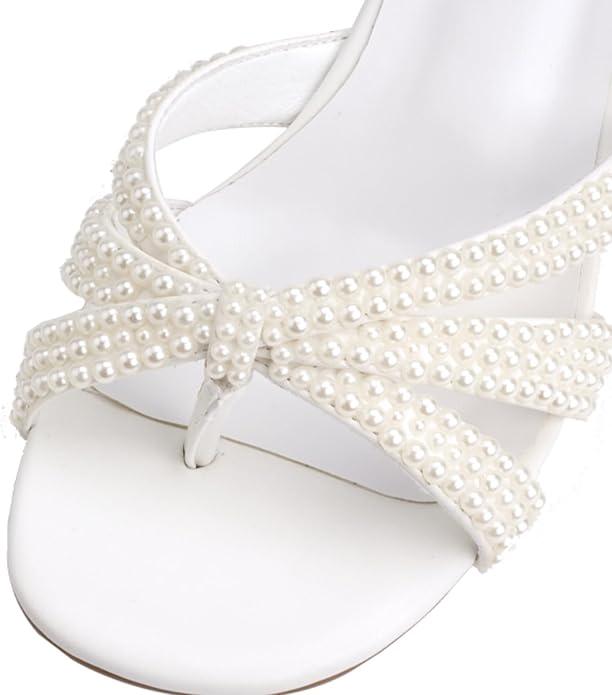 Peep Toe Kitten Heels For Women Slippers Heeled Sandals Flip Flops Summer Low Heels Mules For Women Dressy Prom-White Pearls-9.5