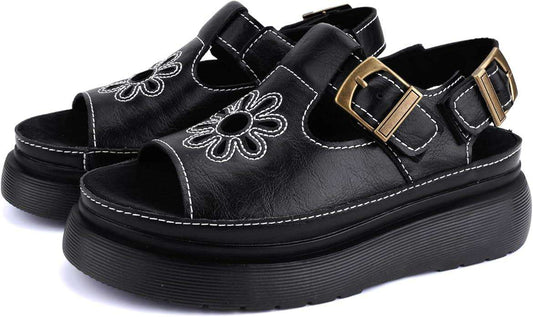 Women's Floral Brown Platform Sandals Adjustable Buckle with Non-Slip Sole T-Strap Comfort Open Toe Slip On Summer Beach Sandals