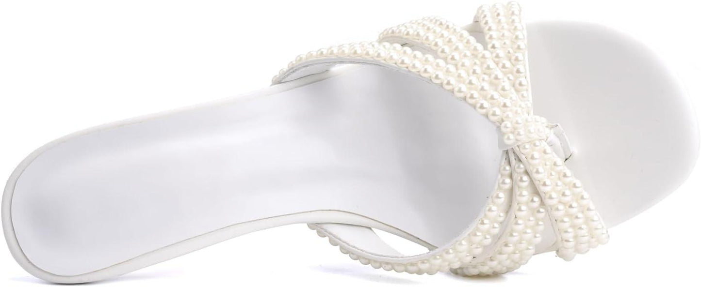 Peep Toe Kitten Heels For Women Slippers Heeled Sandals Flip Flops Summer Low Heels Mules For Women Dressy Prom-White Pearls-9.5