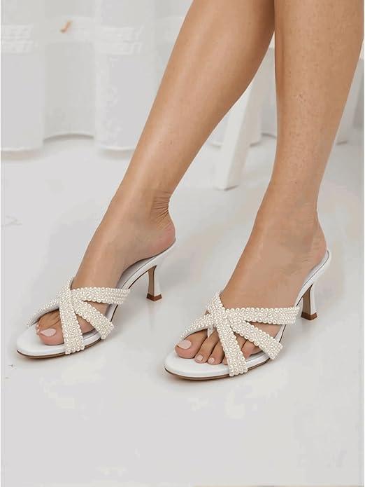 Peep Toe Kitten Heels For Women Slippers Heeled Sandals Flip Flops Summer Low Heels Mules For Women Dressy Prom-White Pearls-9.5