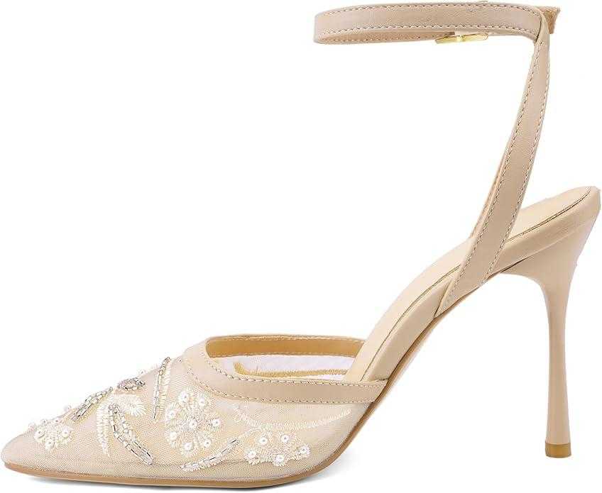 Brown Mesh Heels For Women Pointed Closed Toe Ankle Strap Wedding Party Stiletto Slingback Pumps