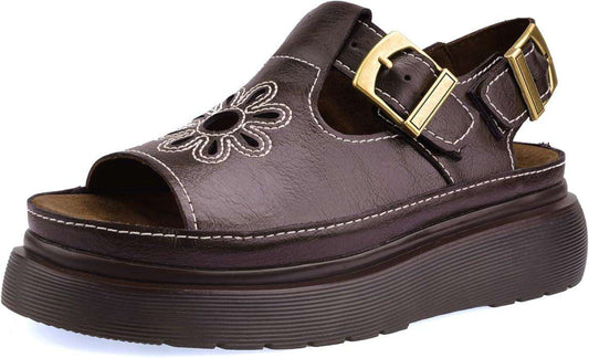 Women's Floral Brown Platform Sandals Adjustable Buckle with Non-Slip Sole T-Strap Comfort Open Toe Slip On Summer Beach Sandals