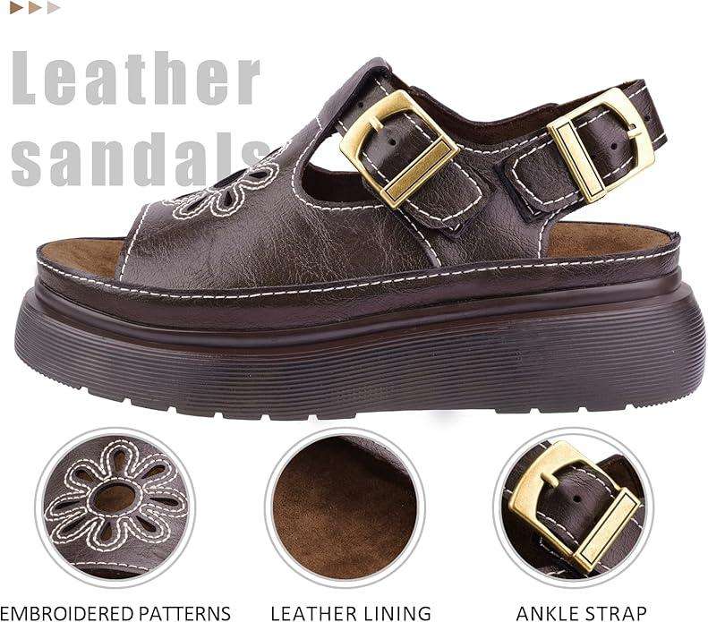 Women's Floral Brown Platform Sandals Adjustable Buckle with Non-Slip Sole T-Strap Comfort Open Toe Slip On Summer Beach Sandals