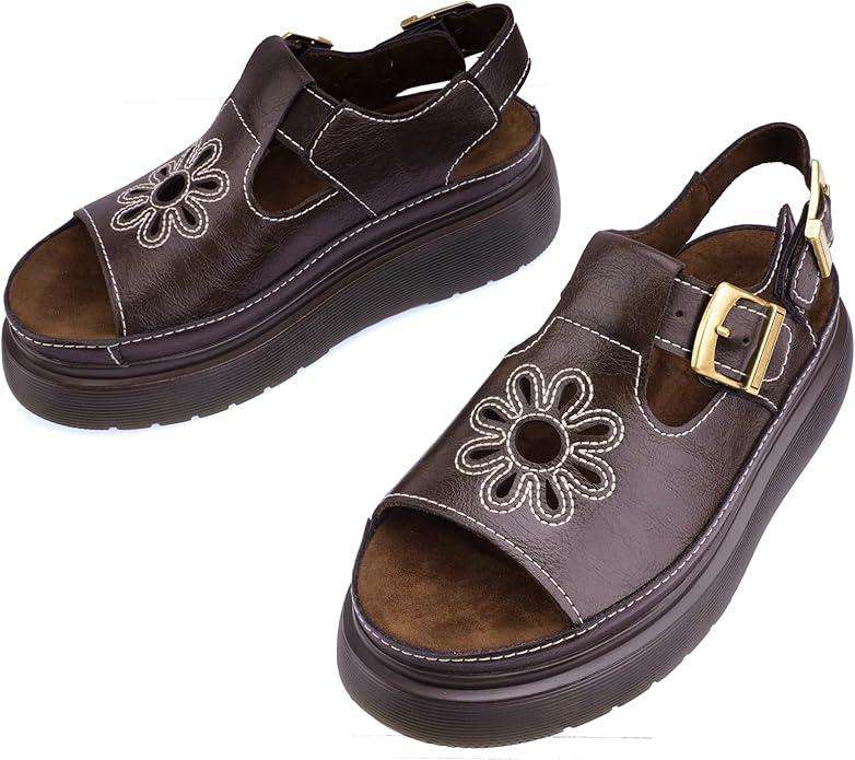 Women's Floral Brown Platform Sandals Adjustable Buckle with Non-Slip Sole T-Strap Comfort Open Toe Slip On Summer Beach Sandals