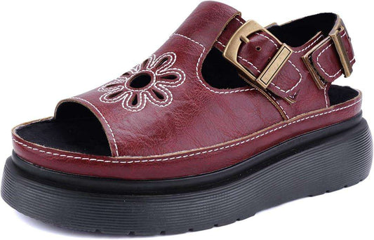 Women's Floral Brown Platform Sandals Adjustable Buckle with Non-Slip Sole T-Strap Comfort Open Toe Slip On Summer Beach Sandals