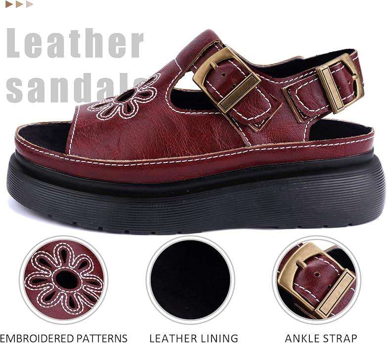 Women's Floral Brown Platform Sandals Adjustable Buckle with Non-Slip Sole T-Strap Comfort Open Toe Slip On Summer Beach Sandals