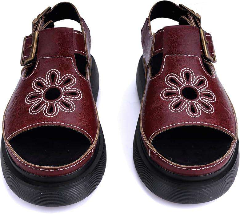 Women's Floral Brown Platform Sandals Adjustable Buckle with Non-Slip Sole T-Strap Comfort Open Toe Slip On Summer Beach Sandals