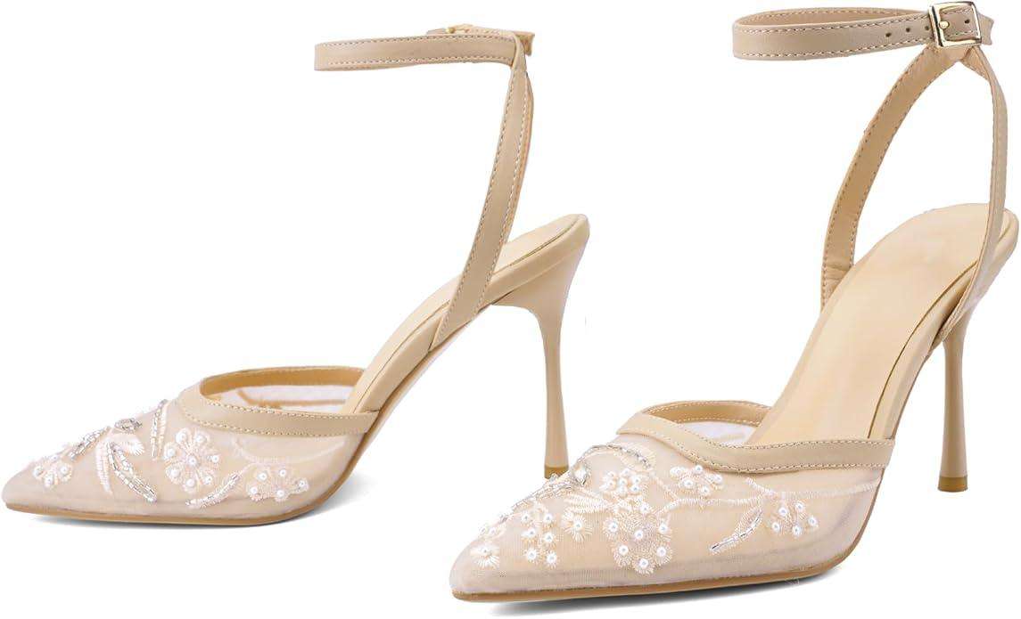 Brown Mesh Heels For Women Pointed Closed Toe Ankle Strap Wedding Party Stiletto Slingback Pumps