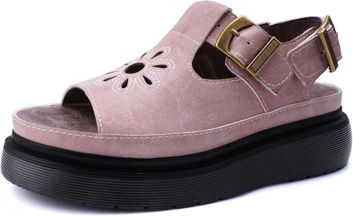 Women's Floral Brown Platform Sandals Adjustable Buckle with Non-Slip Sole T-Strap Comfort Open Toe Slip On Summer Beach Sandals