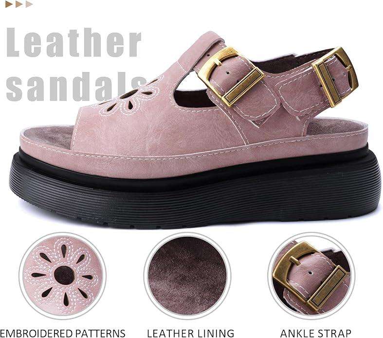 Women's Floral Brown Platform Sandals Adjustable Buckle with Non-Slip Sole T-Strap Comfort Open Toe Slip On Summer Beach Sandals