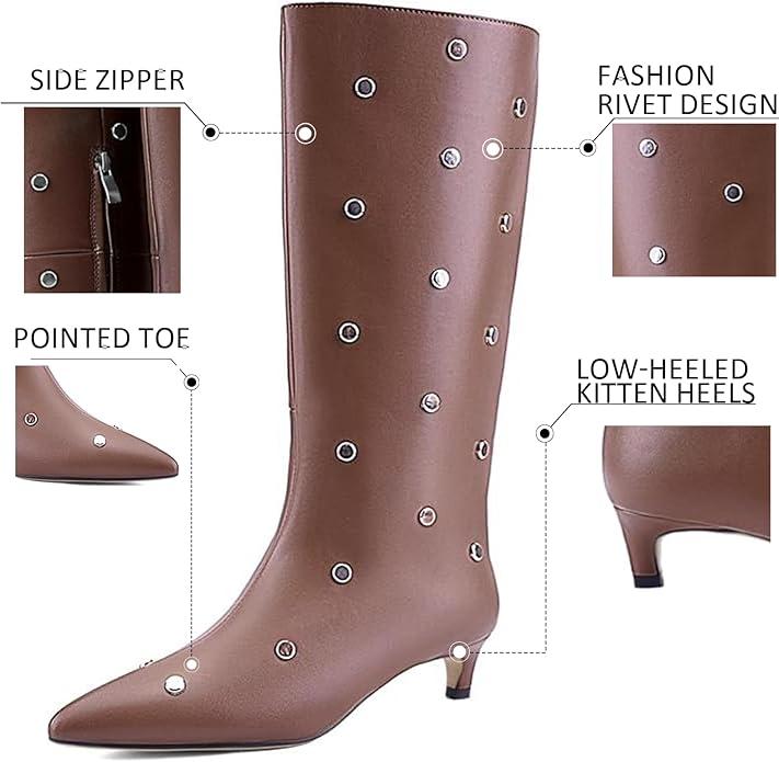 JilTrdWei Studded Mid Wide Calf Boots for Women Kitten Heel Knee High Boots Pointed Toe with Zipper